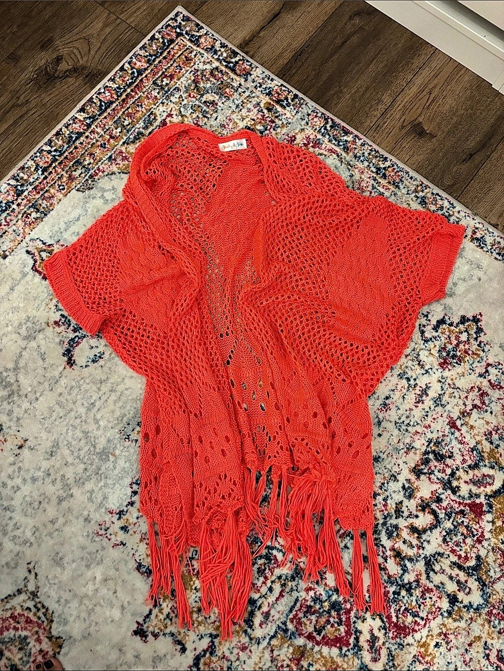 Shirley & Stone red/ pink Open Knit Fringe sweater Like New